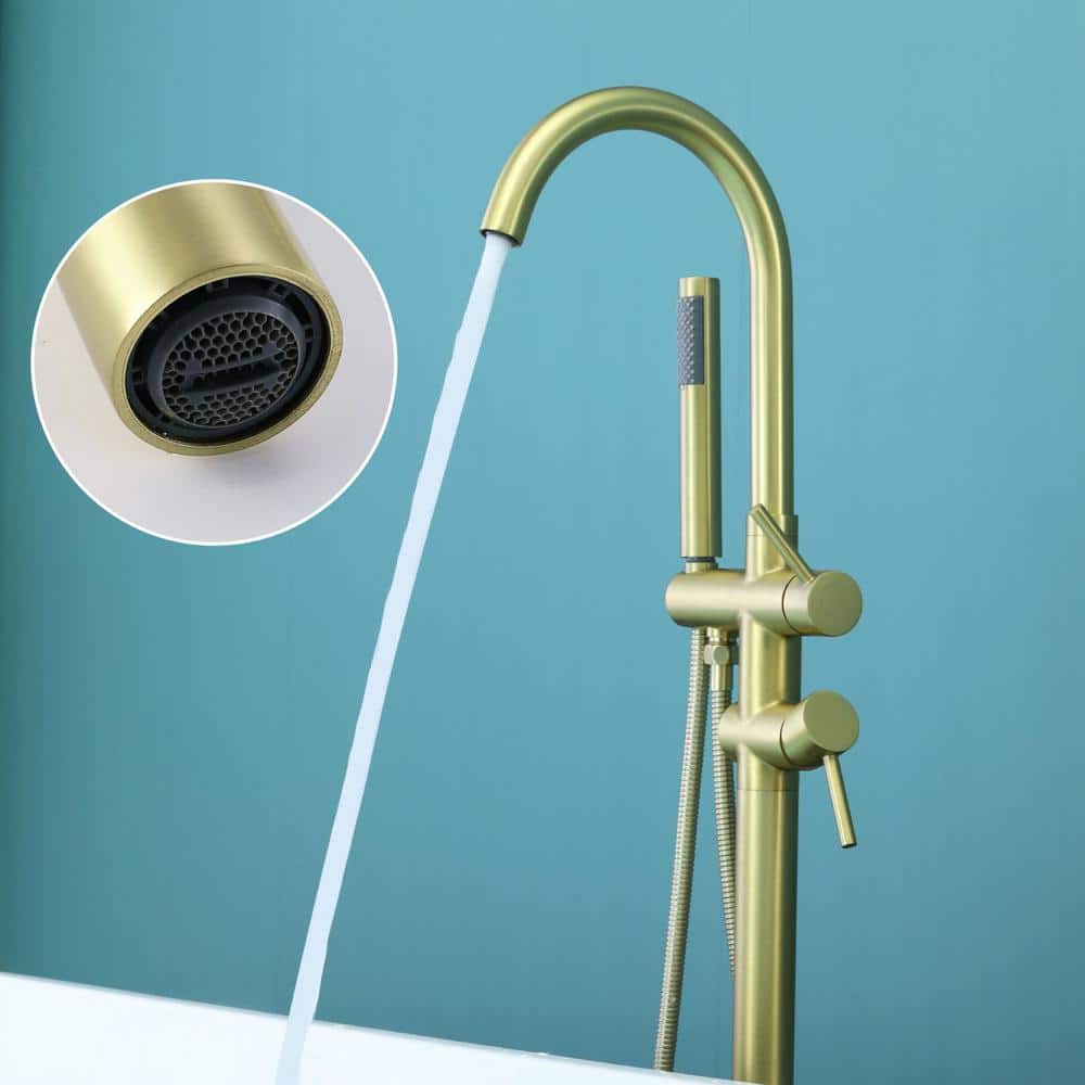 Brushed Gold Freestanding Tub Filler Faucet with Hand Shower