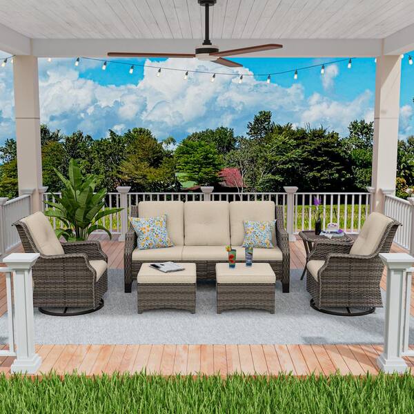 6-Piece Wicker Outdoor Patio Furniture Set Rattan Chair Wicker Set with Beige Cushion