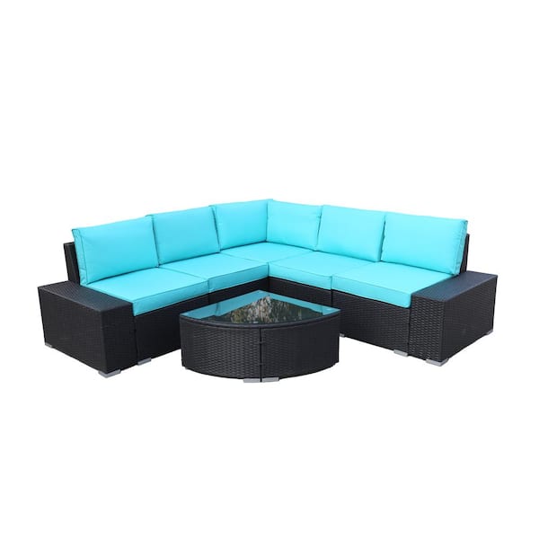 FORCLOVER 6-Piece Wicker Outdoor Patio Conversation Sets with CushionGuard Blue Cushions and Glass Coffee Table