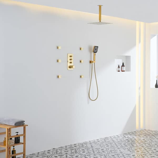 Thermostatic 12 in. 3-Spray Dual Ceiling Mount Fixed and Handheld Shower Head 1.8 GPM with 6 Body Jets in Brushed Gold