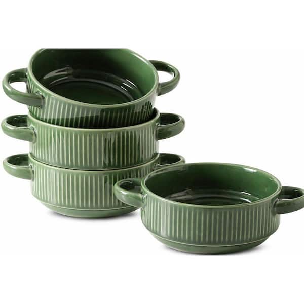 Green Embossment Ceramic Soup Bowls with Handles 4-Pieces Set Oven Safe Stackable for Chili Beef Stew