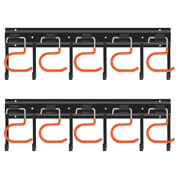2 Pack 17 in. Black All Metal Wall Rack with Hooks for Garage, Shed, Garden Tool Organizer and Storage