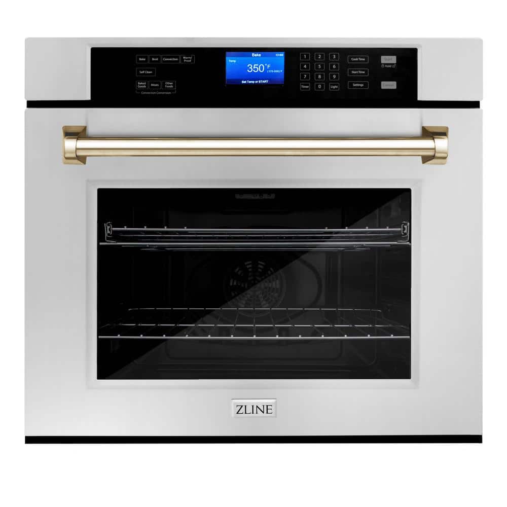ZLINE Kitchen and Bath Autograph Edition 30 in. Single Electric Wall Oven with True Convection & Polished Gold Handle in Stainless Steel, Brushed 430 Stainless Steel & Polished Gold