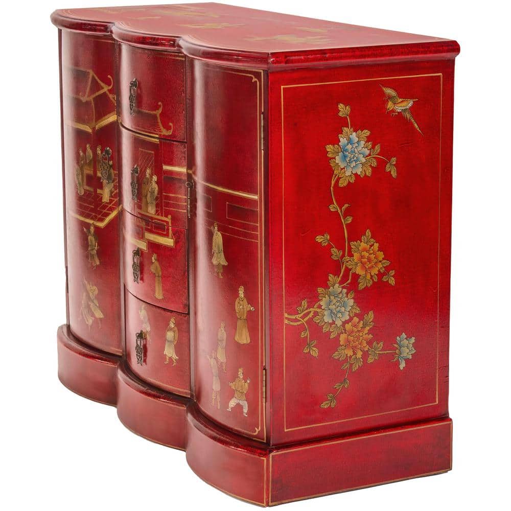 Hand-Painted Red and Gold Lacquer Wood Accent Cabinet