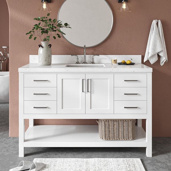 ARIEL Magnolia 54 in. Single Sink Freestanding Bathroom Vanity in White with Carrara White Quartz Top
