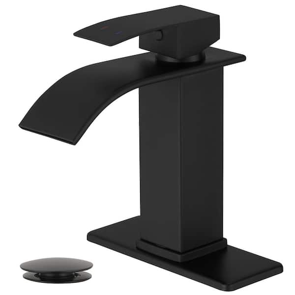 Waterfall Single Handle Single Hole Low-Arc Bathroom Faucet Bathroom with Drain Assembly Vanity Faucet in Matte Black