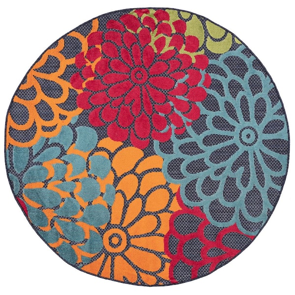 Oasis Floral Navy 8 ft. Round Indoor/Outdoor Area Rug