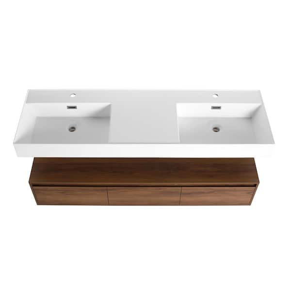 60 in. Wall-Mounted Double Brown Ebony Bath Vanity with White Resin Top Assembled