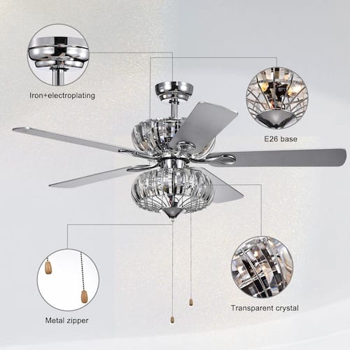 52 in. W Crystal Indoor Chrome Ceiling Fan with Light, Hand Pull Chain Control, No Bulb Sunpez Ceiling Fans With Lights