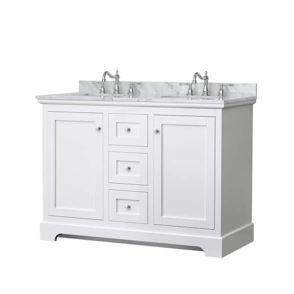 48 in. W x 22 in. D Vanity in White with Marble Vanity Top in Carrara White with White Basin