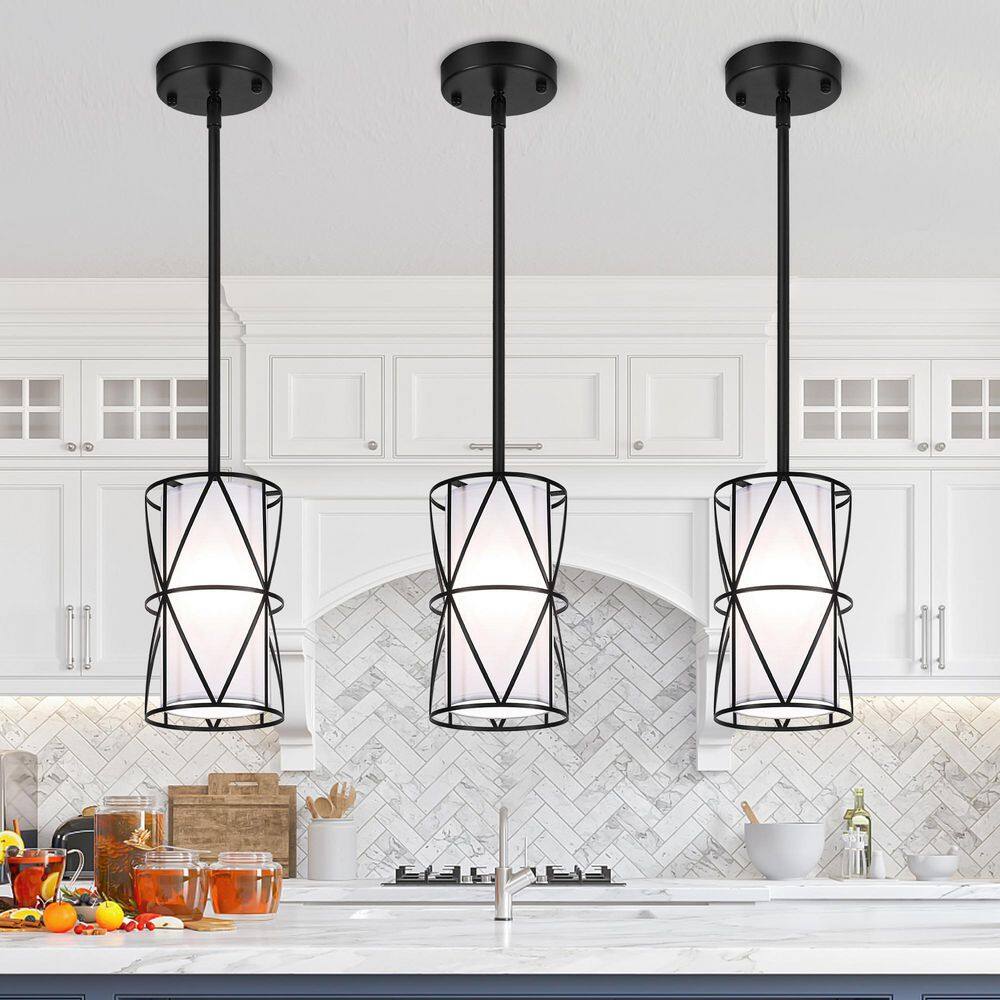 1-Light Black Modern Drum Pendant Light w/ White Fabric Shade (Set of 3) price history on PriceWatchPro