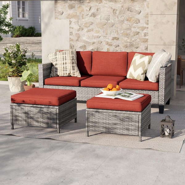 3-Seater Patio Gray Wicker Sofa set with Ottomans, Rust Red Cushion