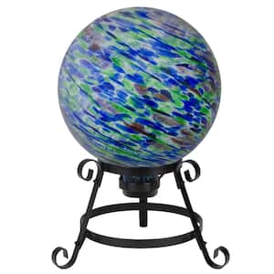 10 in. Green Blue and Black Striped Glass Outdoor Patio Garden Gazing Ball