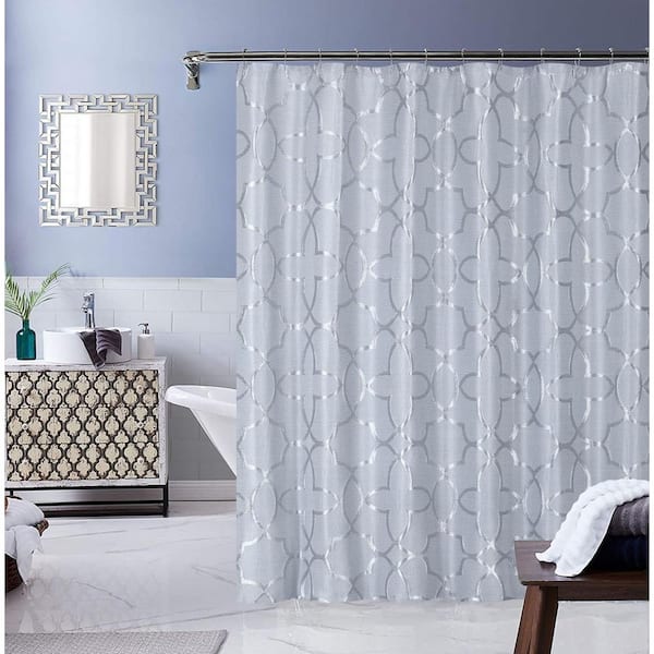 Silver Embroidered Shower Curtain, Blue Shower Curtain With Matching Window Valance