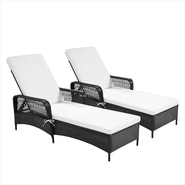 Polibi Black Frame Wicker Patio PE Rattan Foldable Outdoor Chaise Lounger with Adjustable Backrest,Beige Cushion Set of 2