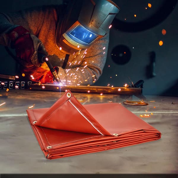 6 ft. x 8 ft. Welding Curtain Welding Screen Fireproof Fiberglass with 4-Wheels Window for Workshop, Red