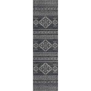 Yuma Black 2 ft. 3 in. x 7 ft. 6 in. Geometric Indoor/Outdoor Washable Area Rug