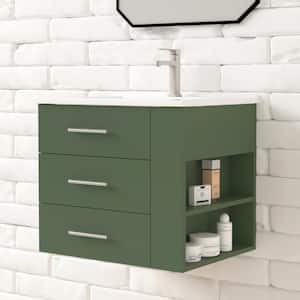 Rita 24.25 in. Single Sink Wallmount Bath Vanity with White Ceramic Countertop in Forest Green with Right Side Shelf