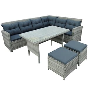 6-Piece Patio Furniture Set Wicker Outdoor Sectional Sofa with Gray Cushions, Glass Table, Ottomans for Pool, Backyard
