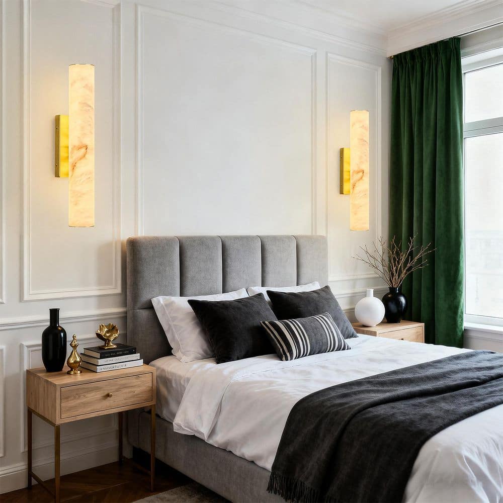 Natural Alabaster 20 in. 2-Light Modern Gold LED Spanish Marble Wall Light Cylinder Wall Sconces (S-2-Pack) price history on PriceWatchPro
