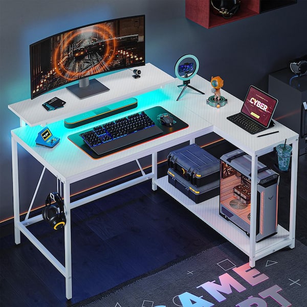PINMOCO 42 in. L-Shaped White Carbon Fiber Reversible Gaming Desk LED Computer Desk with Storage Monitor Stand and Headset Hooks