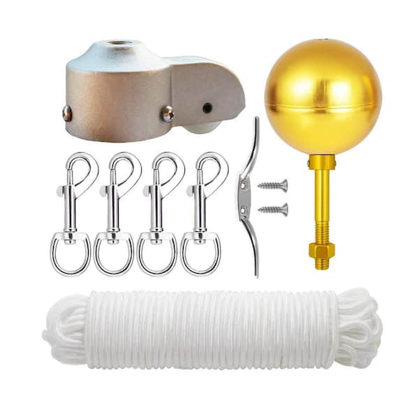 2 in. Adjustable Aluminum Flagpole Pulley Truck Kit with 3 in. Gold Ball Topper 50 ft. Halyard Rope 6 in. Cleat