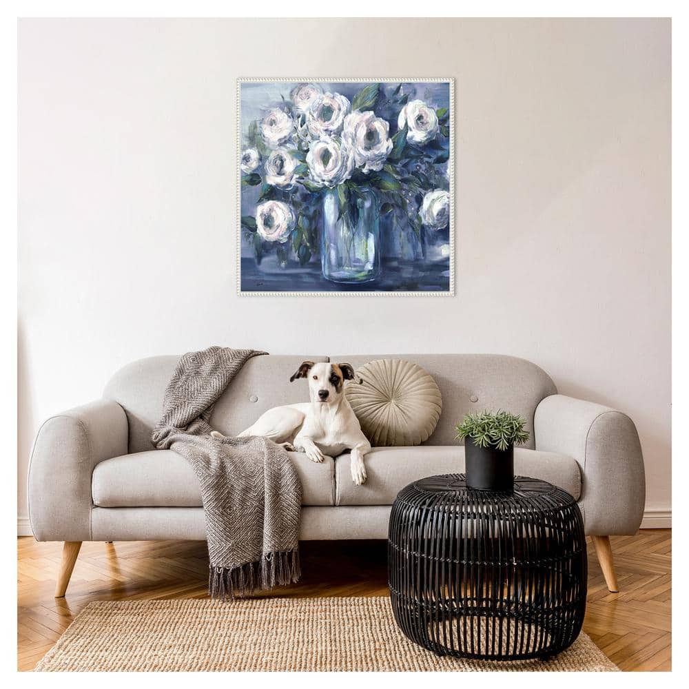 Indigo and White Floral Canvas Art with White Frame