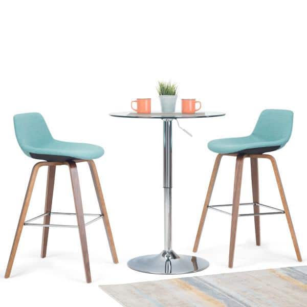 Aqua Blue Linen Bentwood Counter Height Stools with Chrome Footrest, Set of 2
