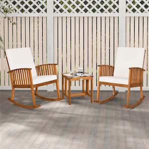 Natural 3-Piece Wood Square 19 in. Outdoor Bistro Set with Coffee Table and Lawn Cushions