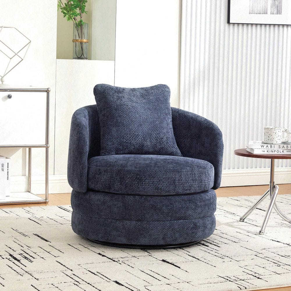 Galen Modern Navy Blue Chenille Upholstered Round 3 Swivel Barrel Accent Arm Chair with Pillow, Single Club Sofa Chair price history on PriceWatchPro