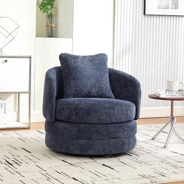 Galen Modern Navy Blue Chenille Upholstered Round 3 Swivel Barrel Accent Arm Chair with Pillow, Single Club Sofa Chair