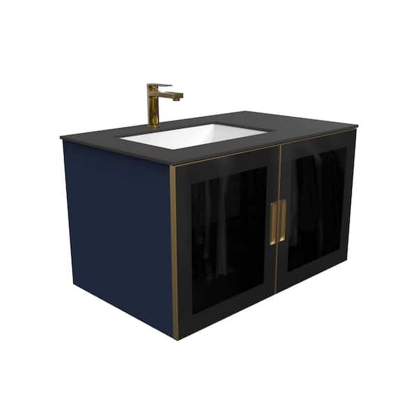 castellousa Solaria 36 in. W x 22 in. D x 21.5 in. H Single Left Floating Bath Vanity in Blue with Black Porcelain Top