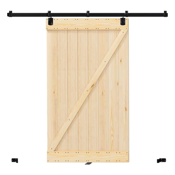 96 in. x 84 in. Z-Shaped Solid Pine Wood Light Brown Primed Exterior Assembly Required Barn Door with Hardware Kit
