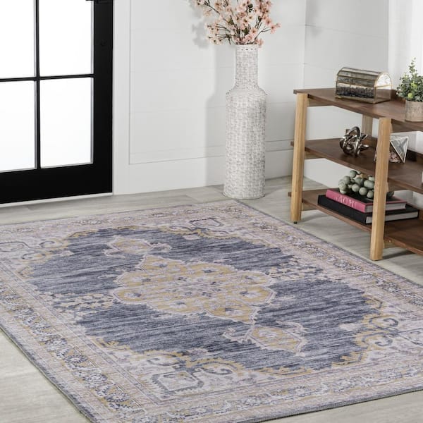 Jonathan Y Dark Gray/Yellow 8 ft. x 10 ft. Wincer Chenille Cottage Medallion Machine-Washable Area Rug