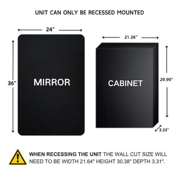 TEHOME WH 24 in. W x 36 in. H Rectangular Stainless Steel Recessed Framed Medicine Cabinet with Mirror in Matt Black