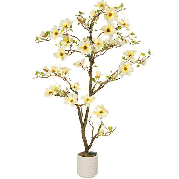 6 ft. Faux Magnolia Plants with Lights Fake Flower Tree, Artificial Magnolia Tree with 180 Realisc Flowers in White Pot