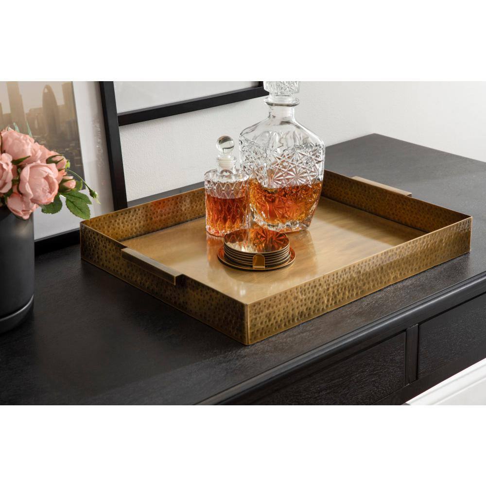 Samana Gold Hammered Metal Rectangular Tray with Minimalist Handles