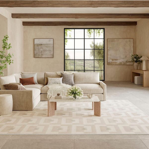 Nordic Ivory Beige 8 ft. x 10 ft. Geometric Contemporary Area Rug