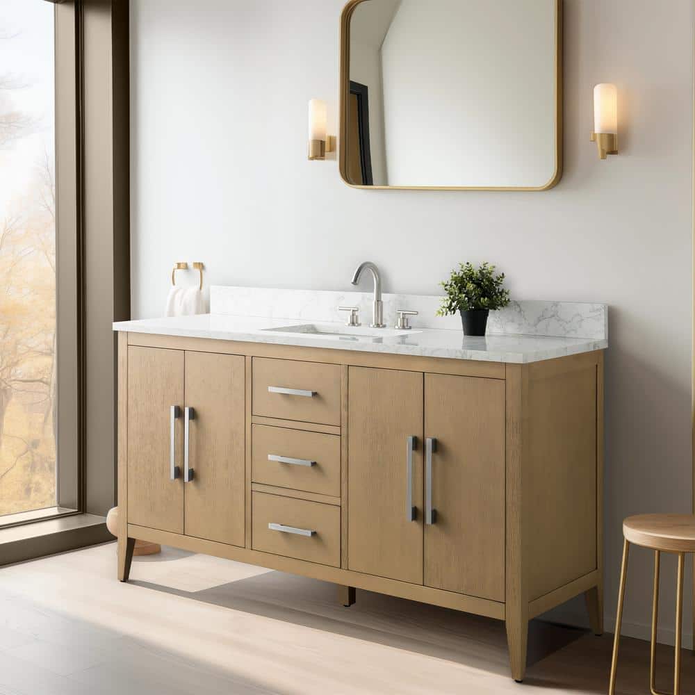 Natural Oak 60'' Single Bathroom Vanity with Engineered Marble Top