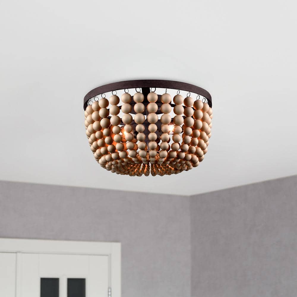 13 in. 2-Light Bronze Beaded Flush Mount Ceiling Light Fixture with Faux Wood Bead Shade price history on PriceWatchPro