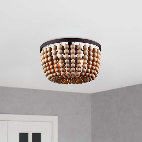 Monteaux Lighting 13 in. 2-Light Bronze Beaded Flush Mount Ceiling Light Fixture with Faux Wood Bead Shade