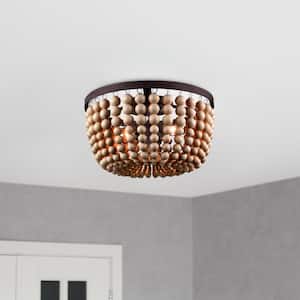 13 in. 2-Light Bronze Beaded Flush Mount Ceiling Light Fixture with Faux Wood Bead Shade