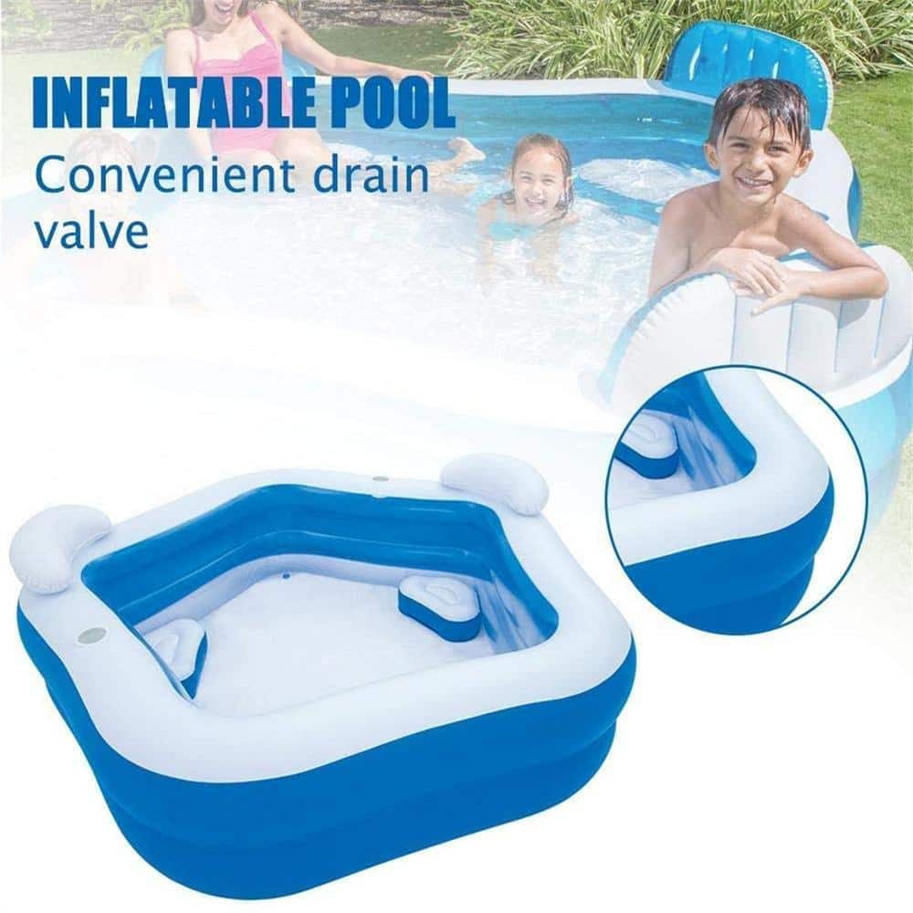 Blue and White Rectangular Inflatable Pool with Headrest and Cup Holder