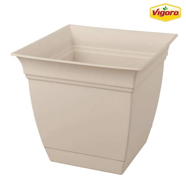Vigoro 6 in. Mirabelle Small White Plastic Square Planter (6 in. D x 5.5 in. H) with Drainage Hole and Attached Saucer