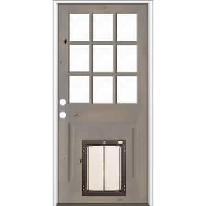 36 in. x 80 in. Right-Hand 9 Lite Clear Glass Grey Stained Wood Prehung Door with Large Dog Door