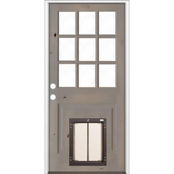 Krosswood Doors 36 in. x 80 in. Right-Hand 9 Lite Clear Glass Grey Stained Wood Prehung Door with Large Dog Door