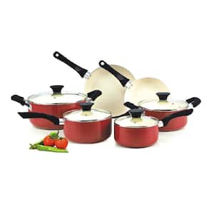 10-Piece Ceramic Nonstick Cookware Set with Saucepans, Frying Pans, Dutch Oven Pots with Lids, Red