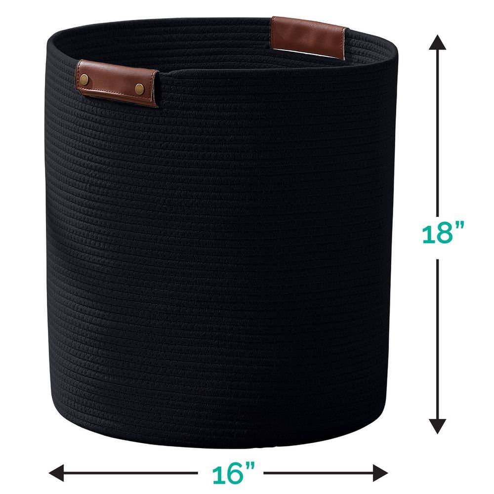 Large Black Cotton Rope Cylinder Laundry Hamper with Leather Handles