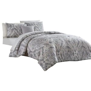 Lance 8- Piece White and Gray Damask Print Microfiber Queen Bed Comforter Set