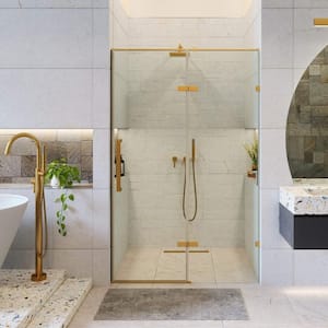 48 in. W x 74.25 in. H Hinged Frameless Shower Door in Satin Brass Finish with Tempered Glass